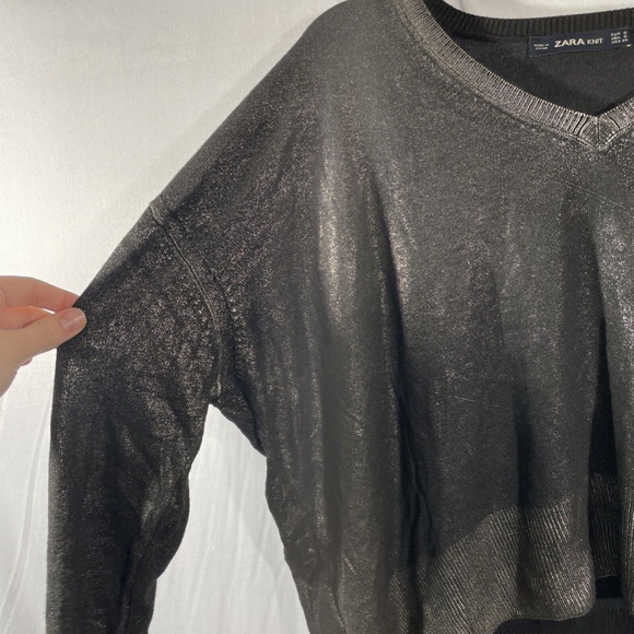 NEW Zara Knit [ Small ]‎ V Neck Metallic Long Sleeve Top Sweater Black/Gold - Picture 8 of 14